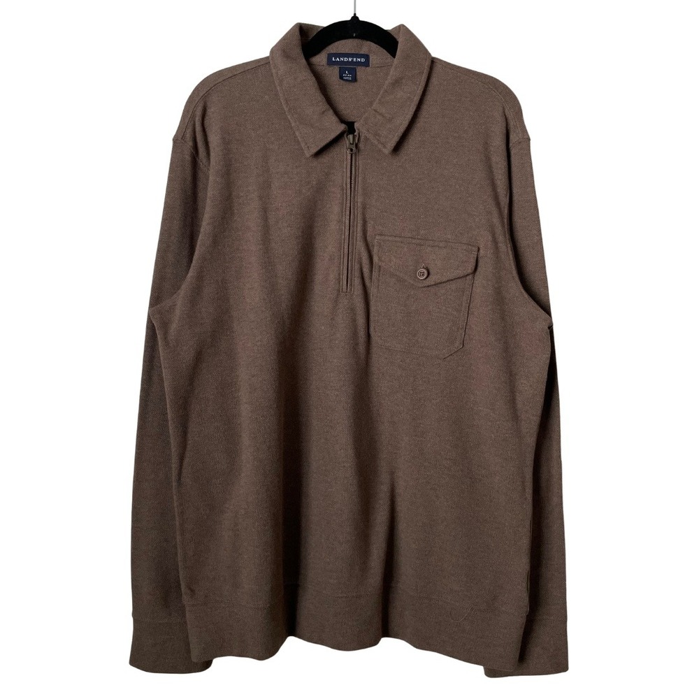 Lands End Shirt Mens Large Brown 1/4 Zip Elbow Patches Faux Suede Pocket Shacket